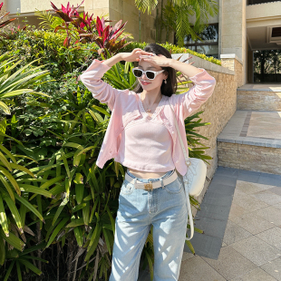 上衣套装 金苏一浅粉色蕾丝T恤开衫 小个子短袖 韩版 两件套2025夏季