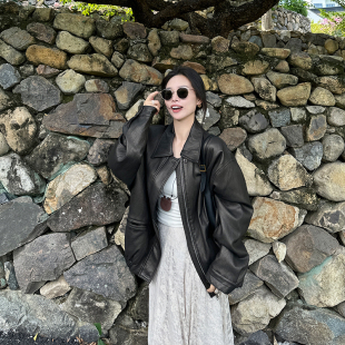 金苏一 宽松pu皮夹克外套chic上衣潮 黑金机车皮衣女2026春秋韩版