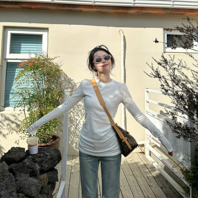 金苏一 兰精天丝羊毛打底衫女2025春秋韩版弹力显瘦长袖T恤上衣潮