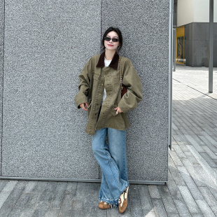 金苏一重工水洗卡其绿工装外套2025秋季韩版宽松休闲机车夹克上衣