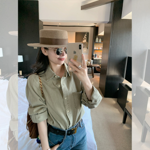 金苏一 卡其绿砂洗牛仔衬衫2025秋冬韩版小个子上衣时髦打底衫潮