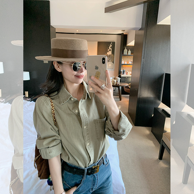 金苏一 卡其绿砂洗牛仔衬衫2025秋冬韩版小个子上衣时髦打底衫潮