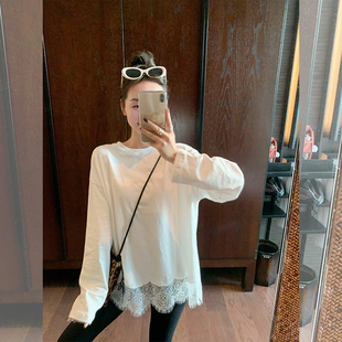 金苏一 白色蕾丝T恤女冬季韩版宽松百搭拼接磨毛打底衫/两个版本
