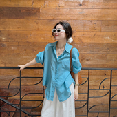 防晒衫 金苏一 上衣潮 韩版 宽松薄款 天丝苎麻湖蓝色衬衫 女2025夏季