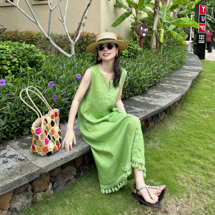 金苏一 绿色100亚麻流苏连衣裙女2026夏季韩版宽松气质度假长裙潮
