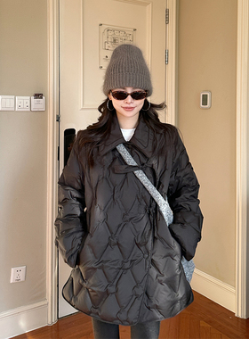 金苏一 黑色压花轻薄羽绒服冬季韩版宽松系带90白鸭绒面包服上衣