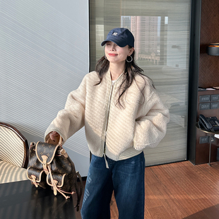 宽松小个子加厚麂皮棒球棉服 韩版 金苏一 白色羊羔毛棉衣2025冬季