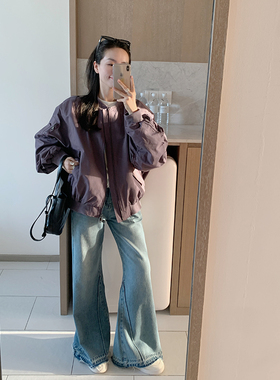 金苏一 紫色棒球服女2025秋季韩版宽松休闲男友风机车外套上衣潮