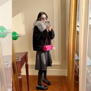 高腰显瘦a字半身裙chic裙子潮 韩版 金苏一 灰色毛呢压褶裙2025冬季