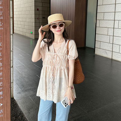 金苏一 粉杏色花边短袖衬衫2026夏季韩版气质显瘦小个子系带上衣