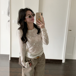 金苏一 杏色蝴蝶结网纱长袖T恤韩版弹力套头上衣时髦叠穿打底衫潮