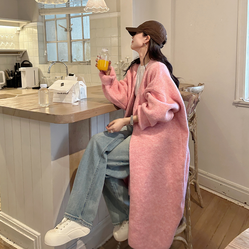 金苏一 粉色毛衣女2025春秋韩版宽松气质针织开衫chic长外套潮