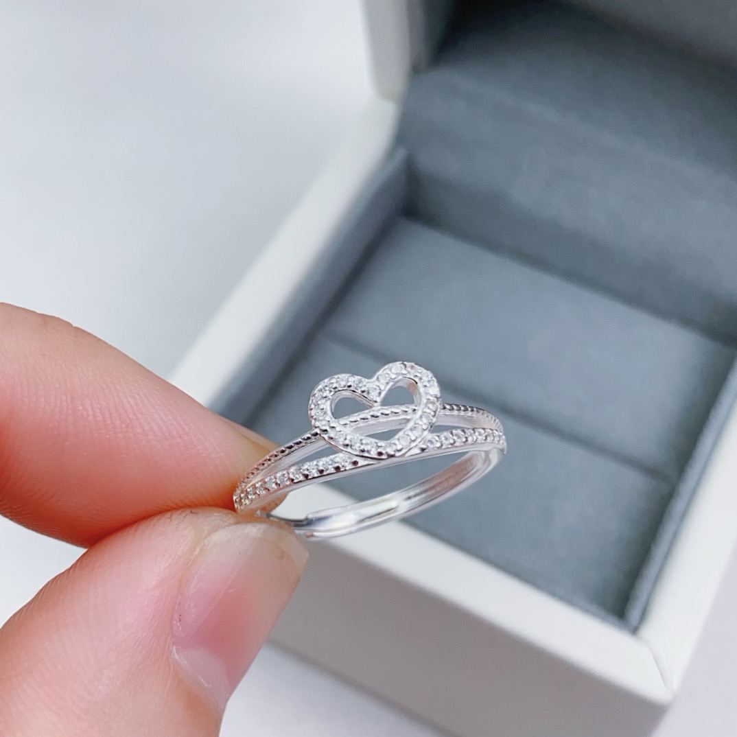 足银990 微镶镂空爱心戒指女纯银双层简约个性送女友闺蜜礼物