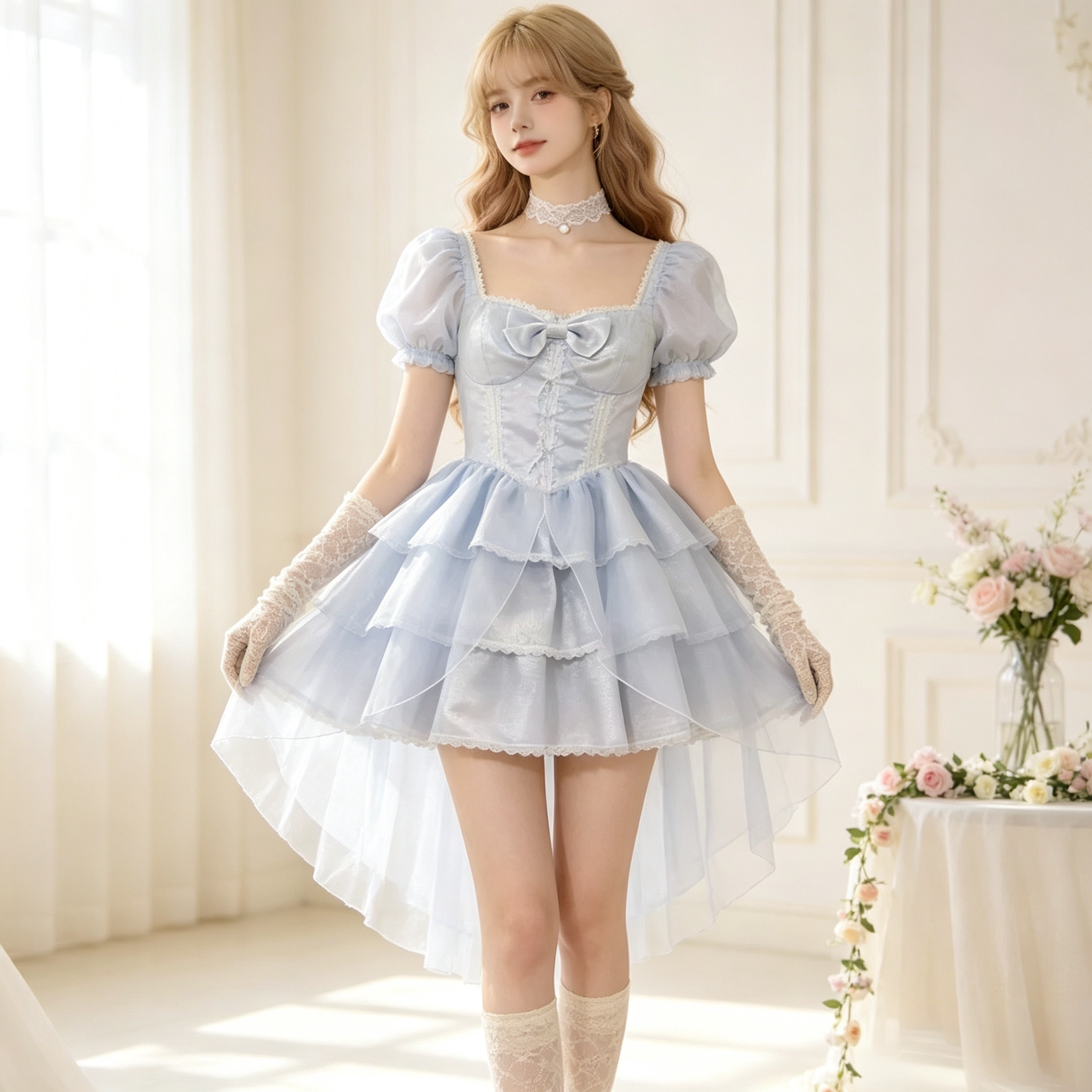 甜美公主风蝴蝶结欧根纱短款连衣礼服/晚装