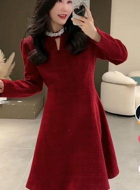 贵妃专属专柜款名媛风钻领修身显瘦气质新年款A版连衣裙855