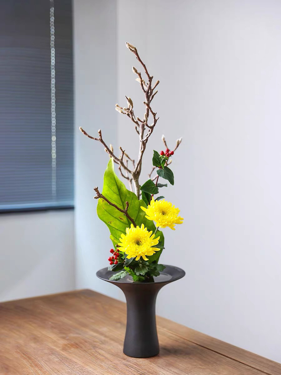 池坊速腰广口花器陶瓷花瓶日式禅意插花器皿剑山花插摆件 包邮