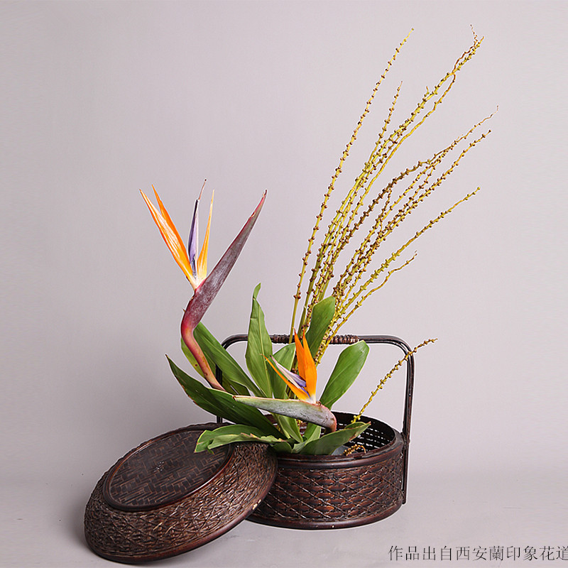 竹编花篮日式花器中华花艺中式禅意插花家居摆件小原流花道手提篮