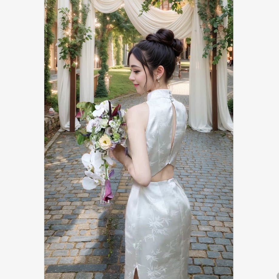 设计感新娘订婚敬酒新中式露背旗袍女改良清冷感气质提花修身裙子