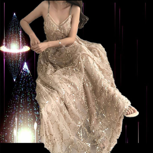 eggsshop裙子超长吊带连衣裙仙女收腰高腰气质亮片a字裙长裙礼服