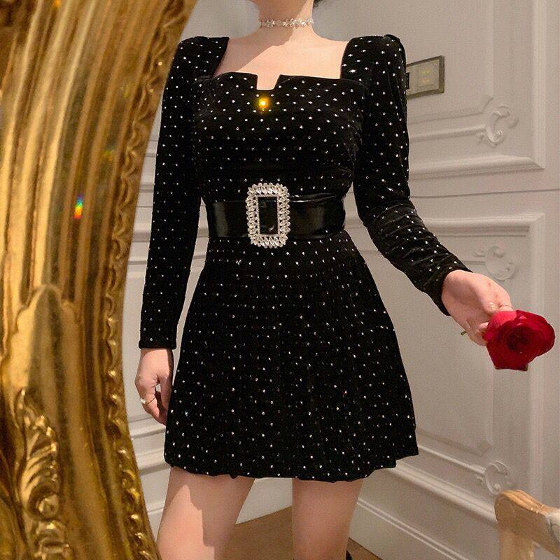 高级方领明星同款性感金丝绒波点烫钻气质复古黑色长袖打底连衣裙