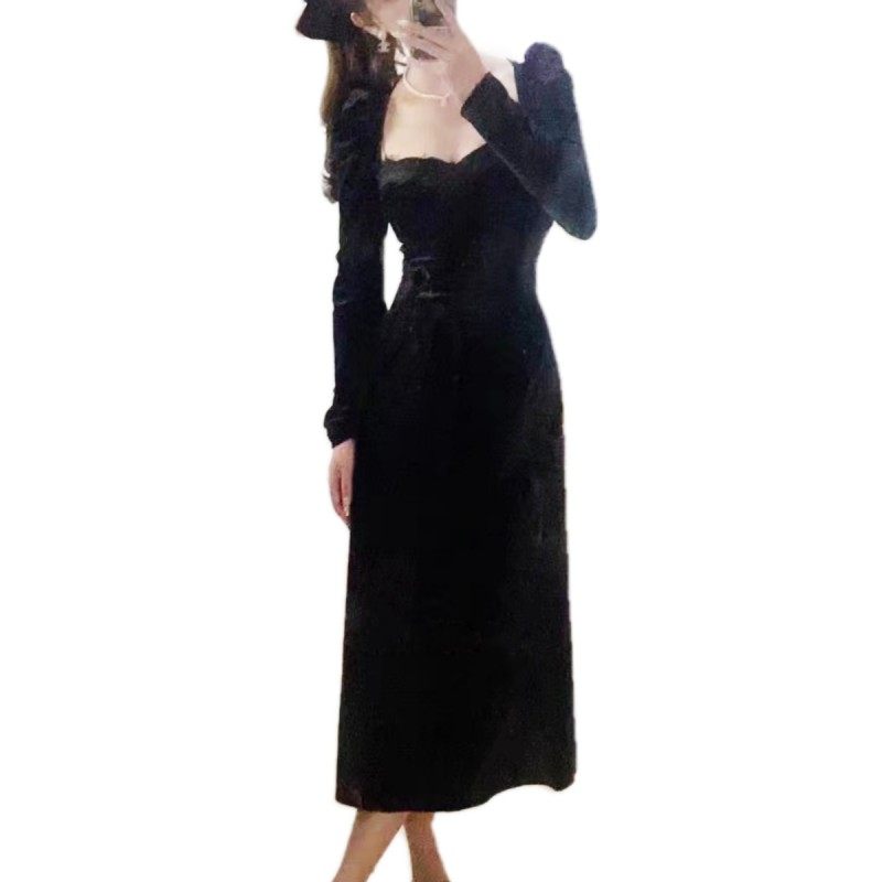 法式复古黑色丝绒连衣裙赫本风纯欲方领收腰显瘦礼服长裙子女秋冬,女装/女士精品,连衣裙,淘宝优惠券,粉丝福利购,淘宝优惠卷