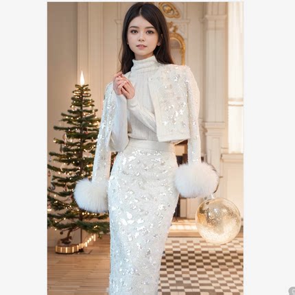 高级感小个子香风长袖毛绒连衣裙套装女秋冬季2025新款穿搭一整套