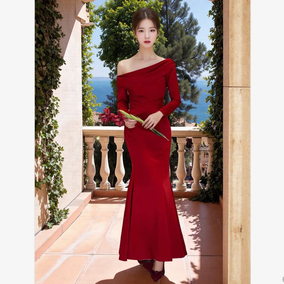 一字肩红色连衣裙女气质显瘦礼服图片
