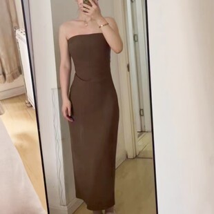 高级简约 肯豆裙3.0温柔气质抽褶显瘦弹力抹胸开叉连衣裙纯色长裙