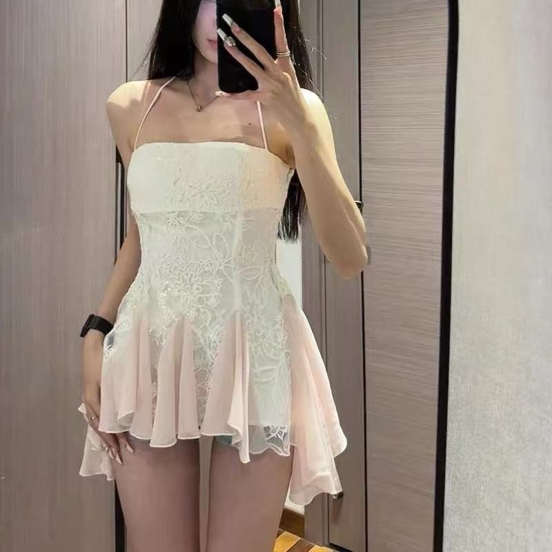 手工绣花蕾丝挂脖抹胸裙短款收腰