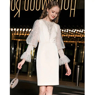 小礼服晚礼服裙女长袖短款平时可穿气质香槟色宴会主持聚会连衣裙