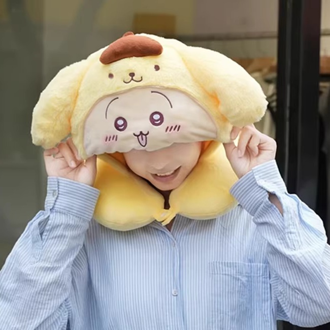 可爱卡通小黄狗护颈连帽u形枕遮光靠枕坐车旅行飞机上睡觉用枕头