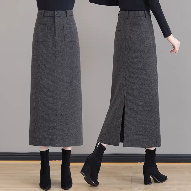 高端灰色羊毛呢半身a字中长裙女秋冬2025气质后开叉呢子包臀裙子,女装/女士精品,大码半身裙,淘宝优惠券,粉丝福利购,淘宝优惠卷