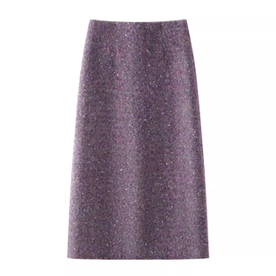 超好看小香风毛呢半身裙女2025秋冬季 紫色羊毛加厚垂感直筒裙 新款