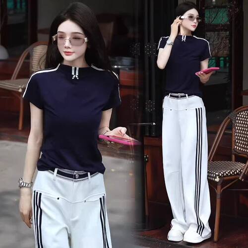 半高领时尚正肩撞色短袖T恤