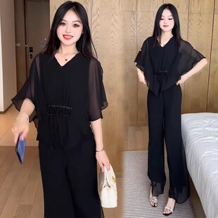 时尚雪纺套装女2026夏季新款洋气遮肉显瘦短袖上衣阔腿裤两件套潮