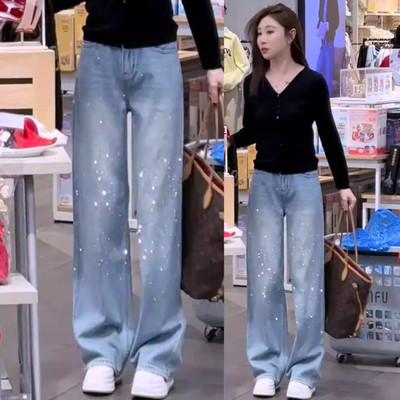 时尚满天星烫钻牛仔阔腿裤女春季