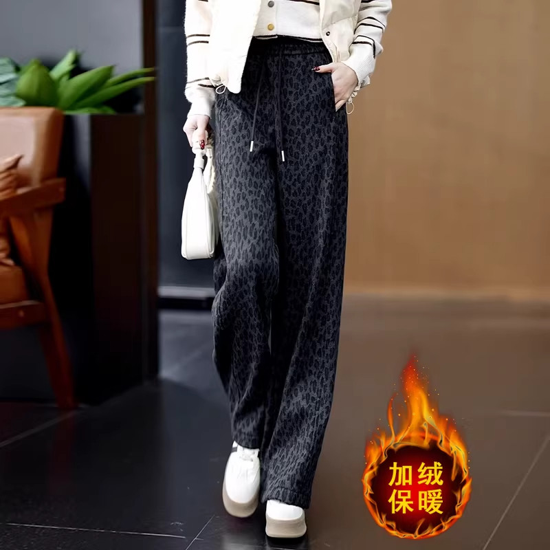 豹纹加绒阔腿毛呢裤女冬季2025新款高腰垂感复古直筒裤加厚休闲裤,女装/女士精品,大码裤装,淘宝优惠券,粉丝福利购,淘宝优惠卷