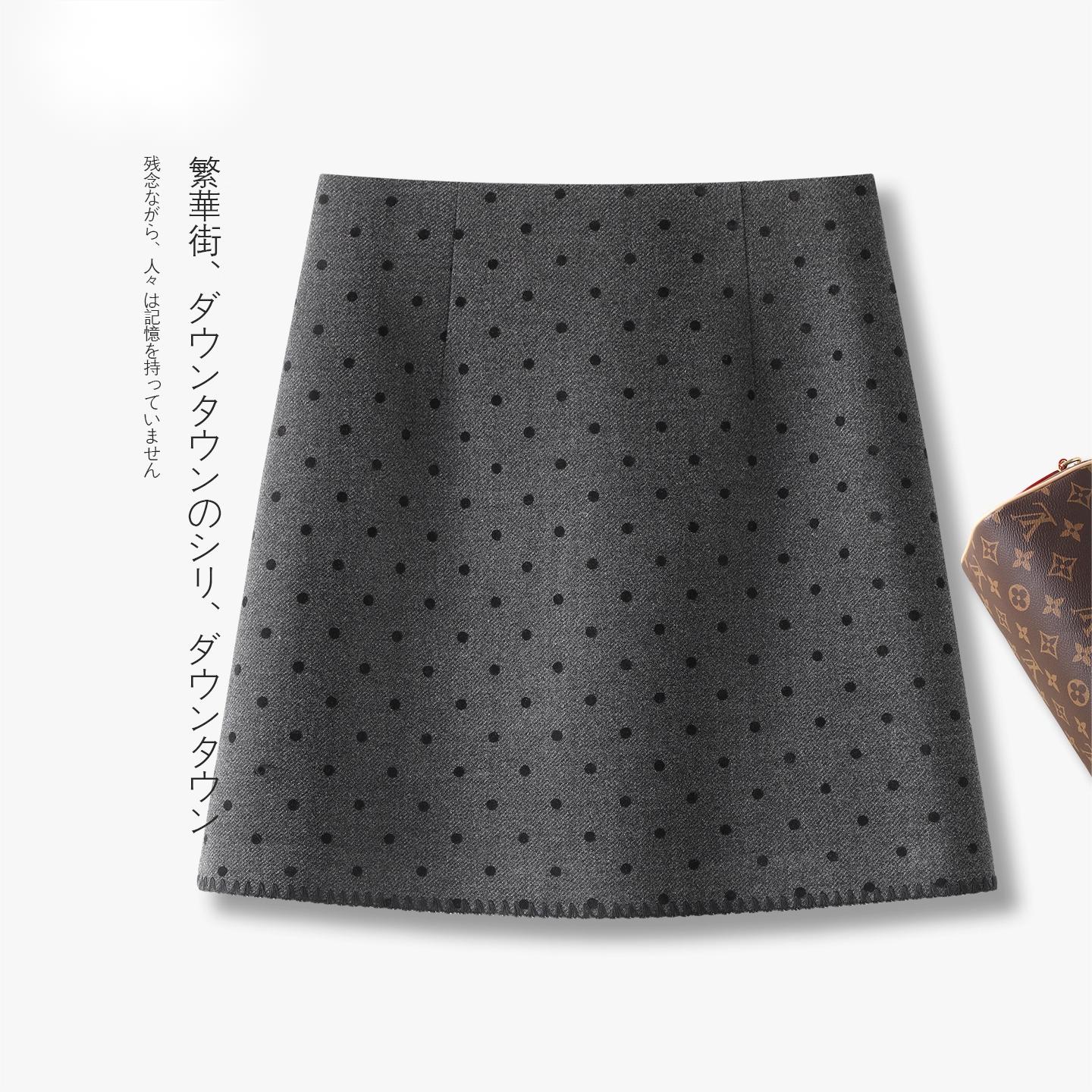 灰色高级感波点短裙毛呢半身裙女