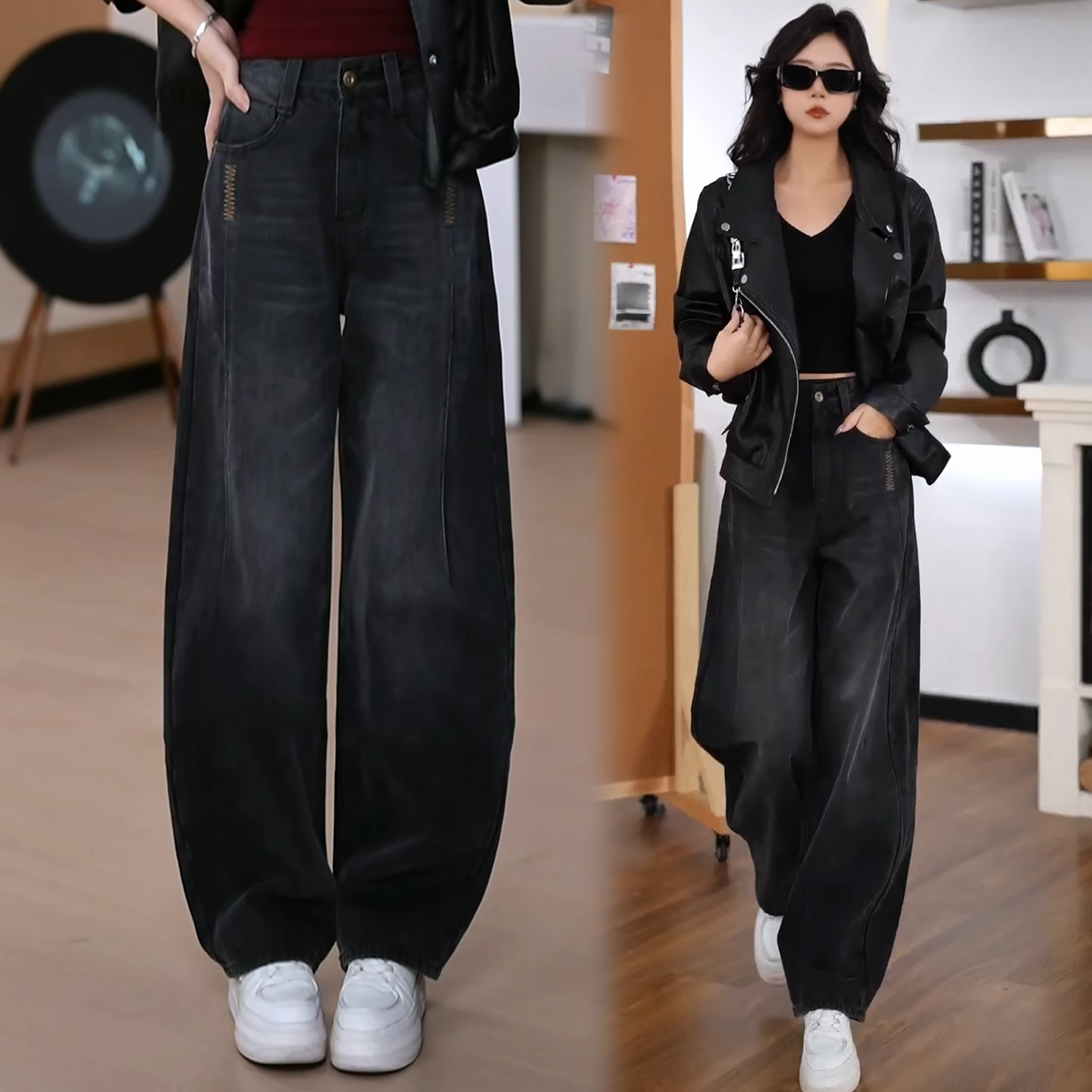 黑灰色窄版弯刀牛仔裤女2025秋冬