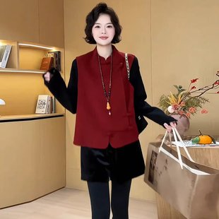 新中式国风盘扣马甲外套女2026早春新款大码胖mm新年红色马夹上衣