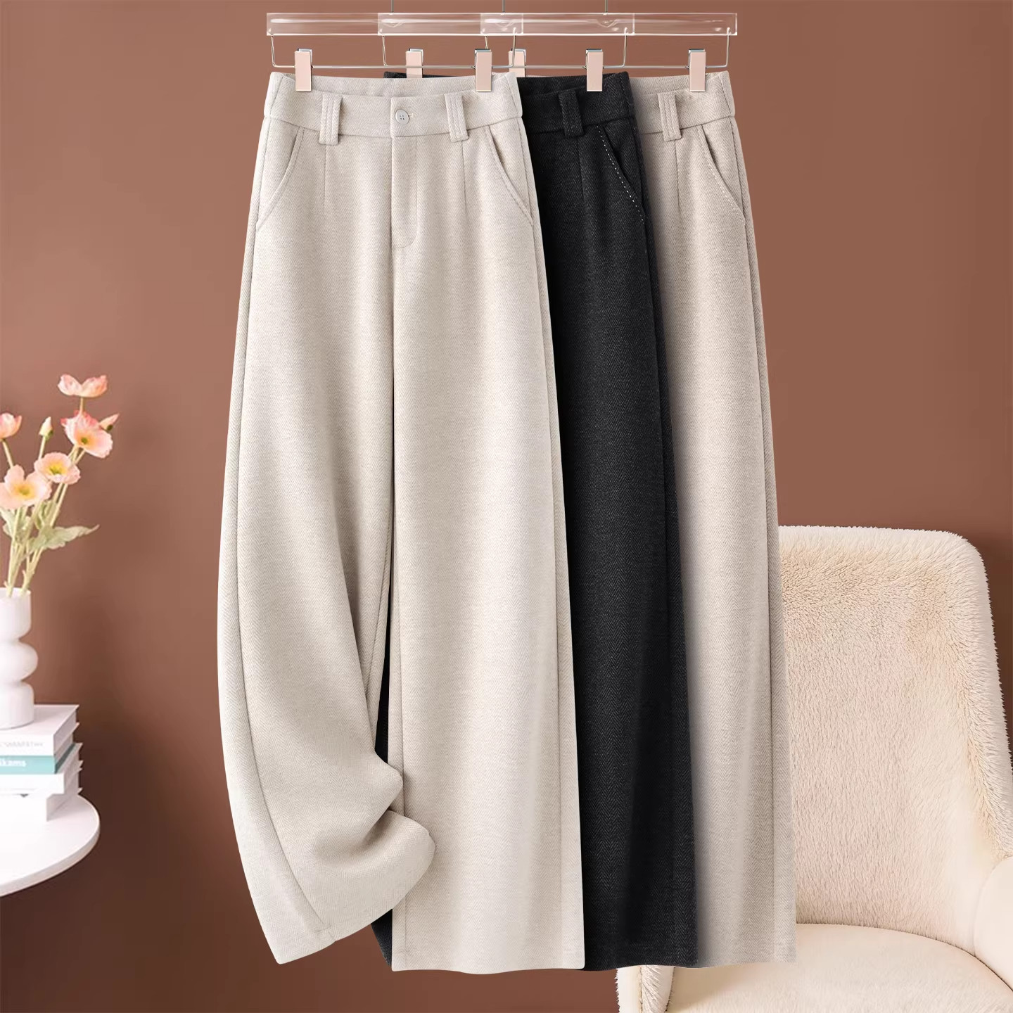 毛呢阔腿裤女早春季2026新款加厚软糯休闲裤高级感咖色加绒直筒裤,女装/女士精品,大码裤装,淘宝优惠券,粉丝福利购,淘宝优惠卷