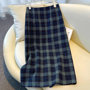 气质显瘦a字裙包臀裙 2025新款 蓝色毛呢格子半身裙女中长款 秋冬季