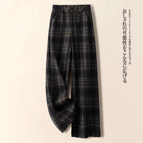 复古格子毛呢阔腿裤女秋冬新款