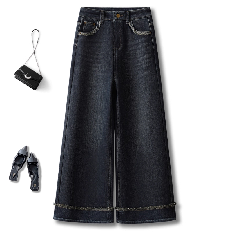 复古加绒阔腿牛仔裤女秋冬新款