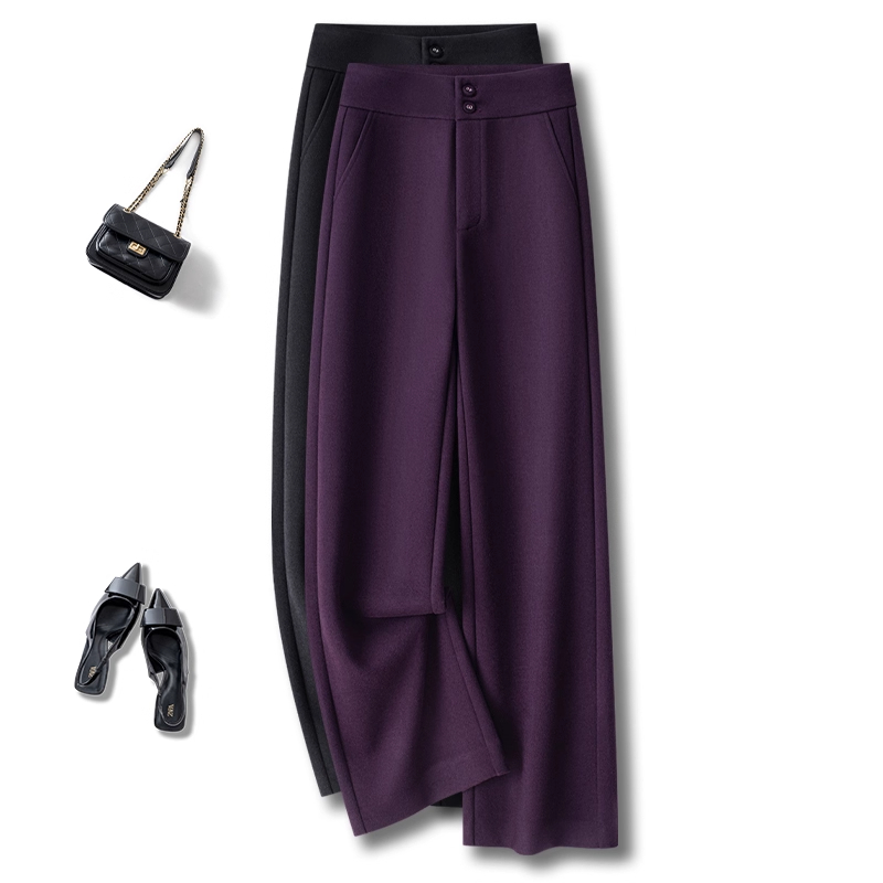 高级乌梅紫色羊毛呢阔腿裤女秋冬