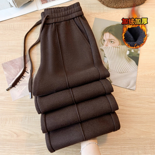咖色羊毛阔腿裤女秋冬季2025新款宽松羊绒休闲裤加绒毛呢直筒裤子
