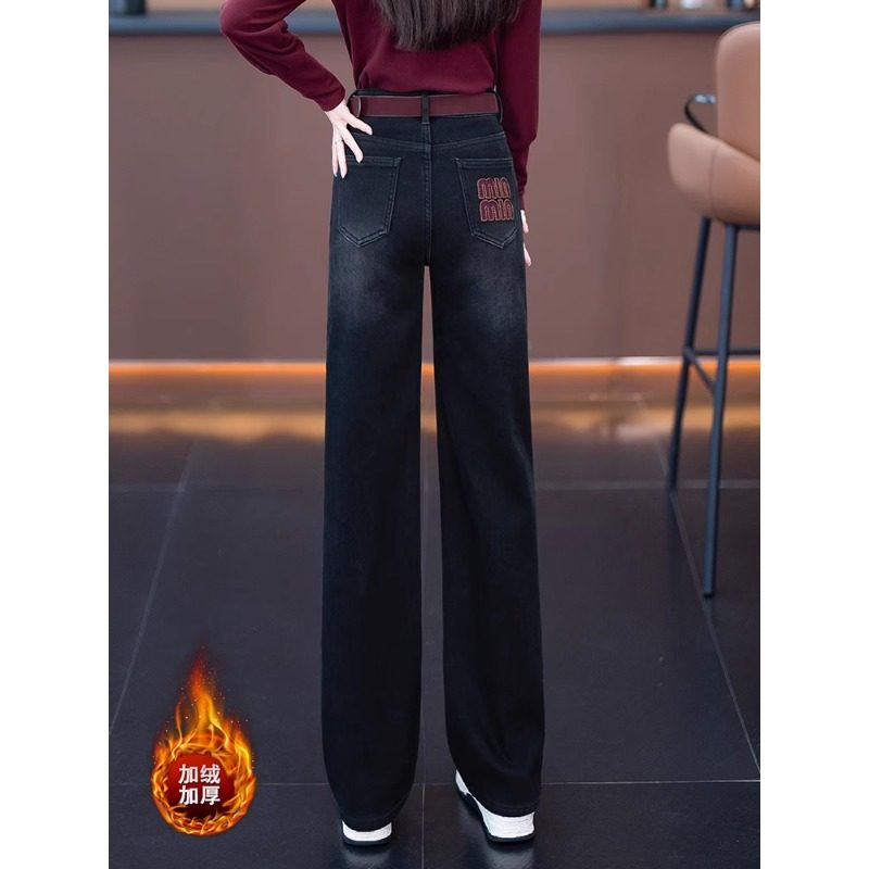 黑色刺绣加绒阔腿牛仔裤女冬季2025新款高腰显瘦百搭宽松直筒裤子,女装/女士精品,大码裤装,淘宝优惠券,粉丝福利购,淘宝优惠卷