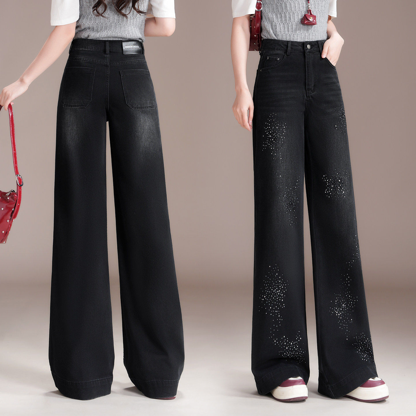 满天星烫钻黑色阔腿牛仔裤女2026春秋季新款高腰时尚显瘦拖地长裤,女装/女士精品,大码裤装,淘宝优惠券,粉丝福利购,淘宝优惠卷