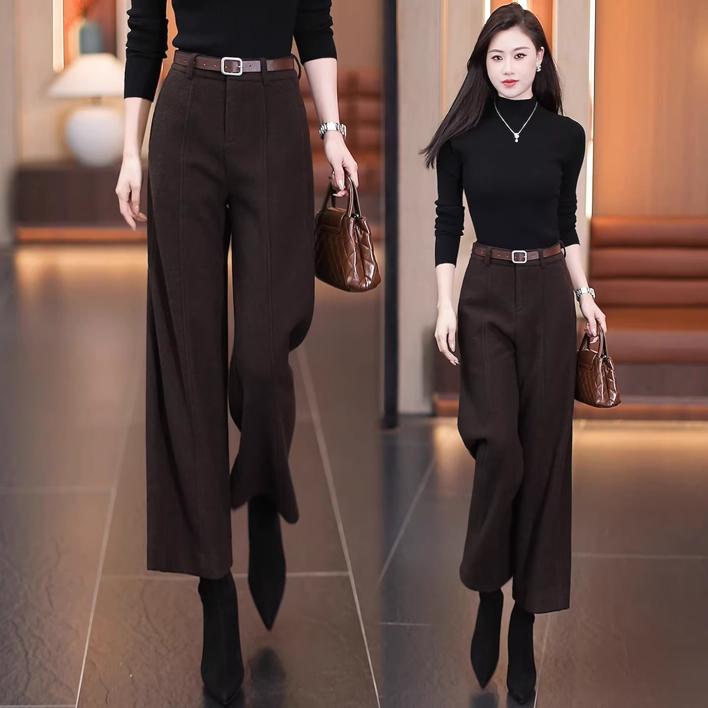 羊毛呢窄版阔腿裤女春季2026新款高腰显瘦休闲西装裤九分直筒裤子,女装/女士精品,大码裤装,淘宝优惠券,粉丝福利购,淘宝优惠卷