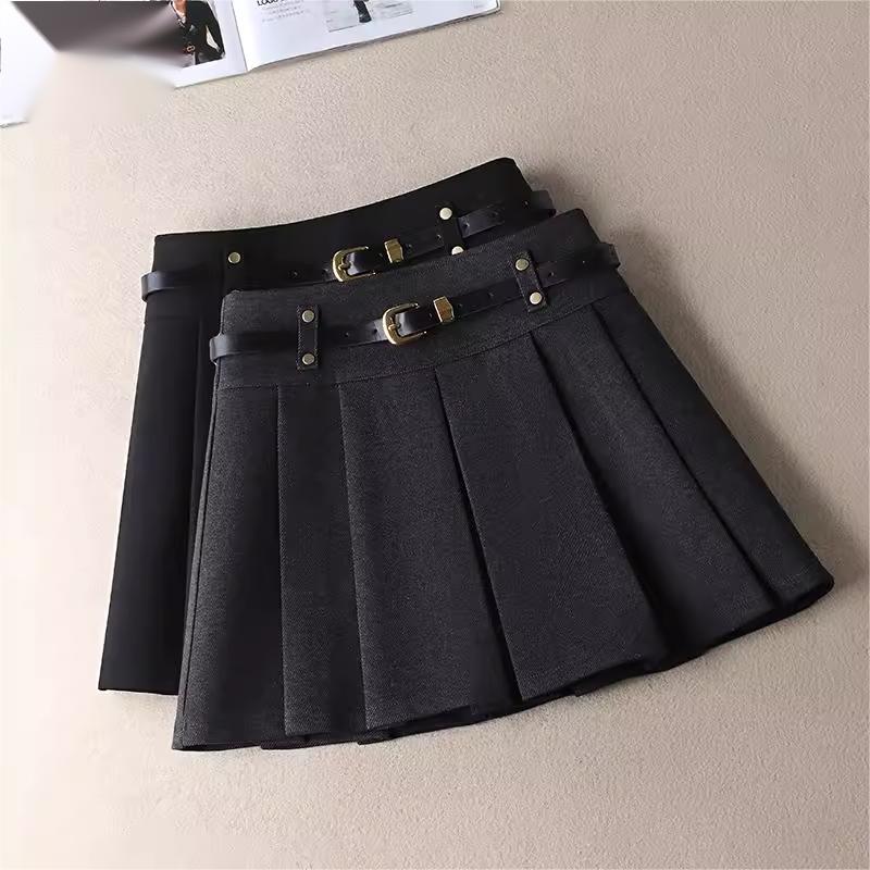 灰色毛呢百褶裙短裙女2025秋冬